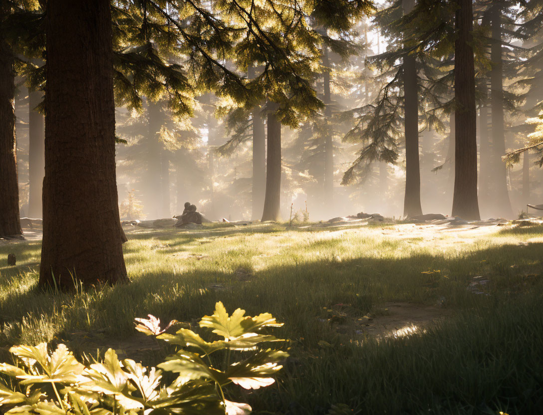 Misty forest illuminated by warm sunlight