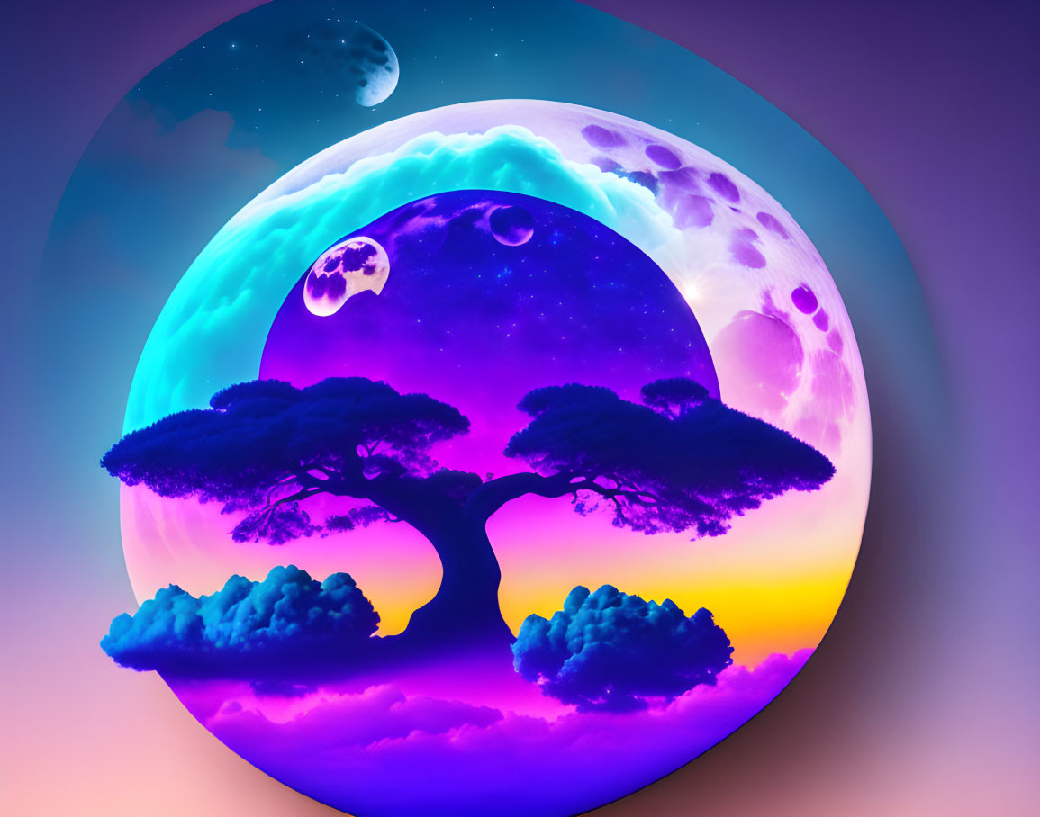 Colorful digital artwork: Silhouetted trees under giant planet