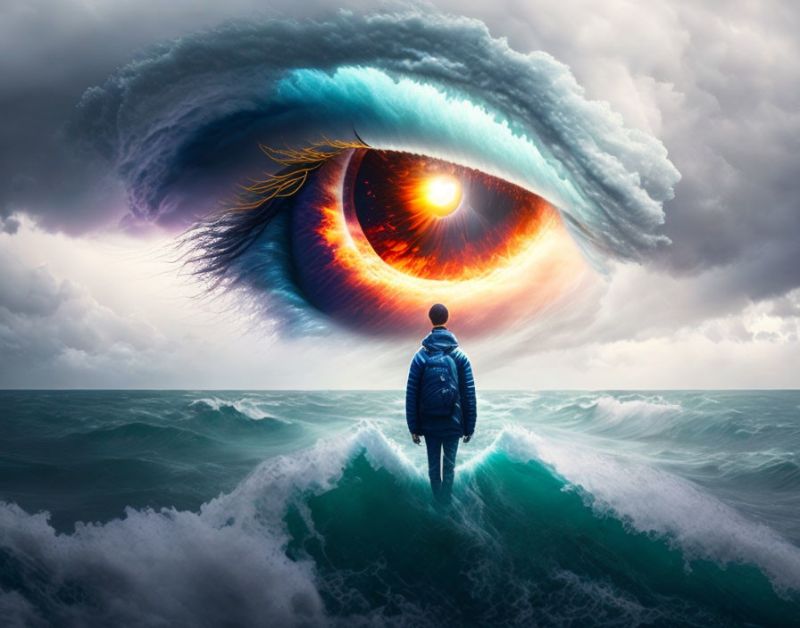 Surreal artwork: person on wave faces giant eye in sky