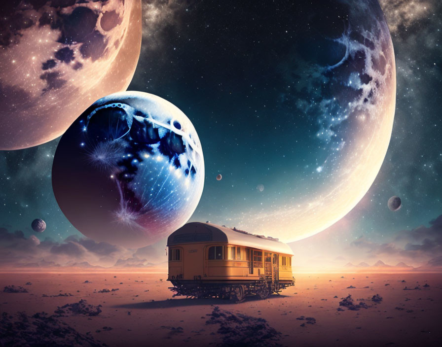 Vintage train carriage under starry sky with celestial bodies in surreal scene