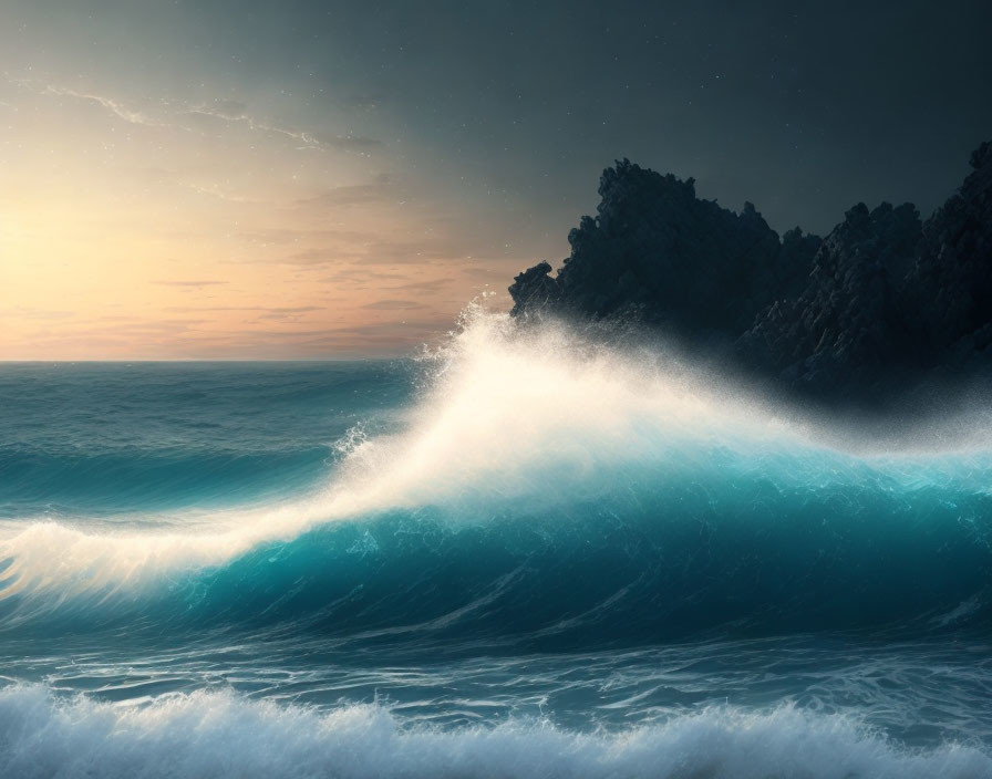 Towering wave cresting against twilight sky near rocky coastline