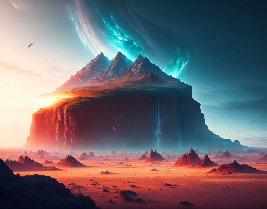 Surreal landscape with vast mountain, swirling galaxy sky, cascade, and desert.