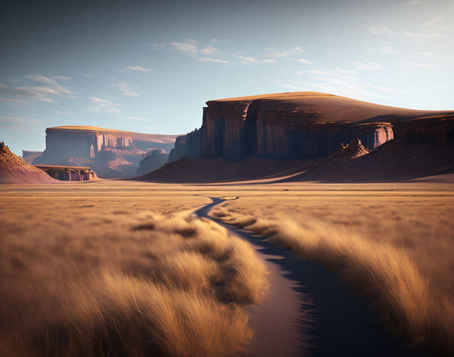 Sunset desert landscape with towering sandstone mesas and dry riverbed.