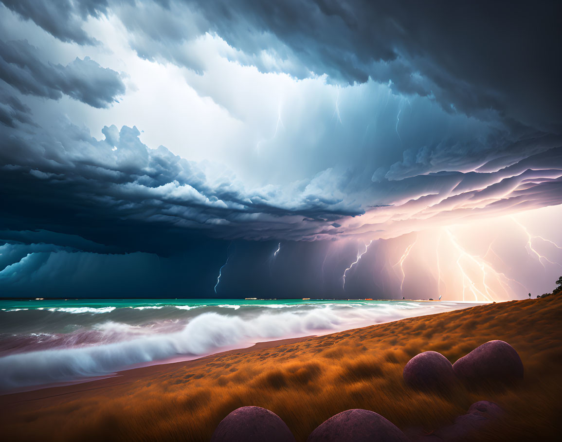 Dramatic ocean storm with lightning strikes and turbulent waves