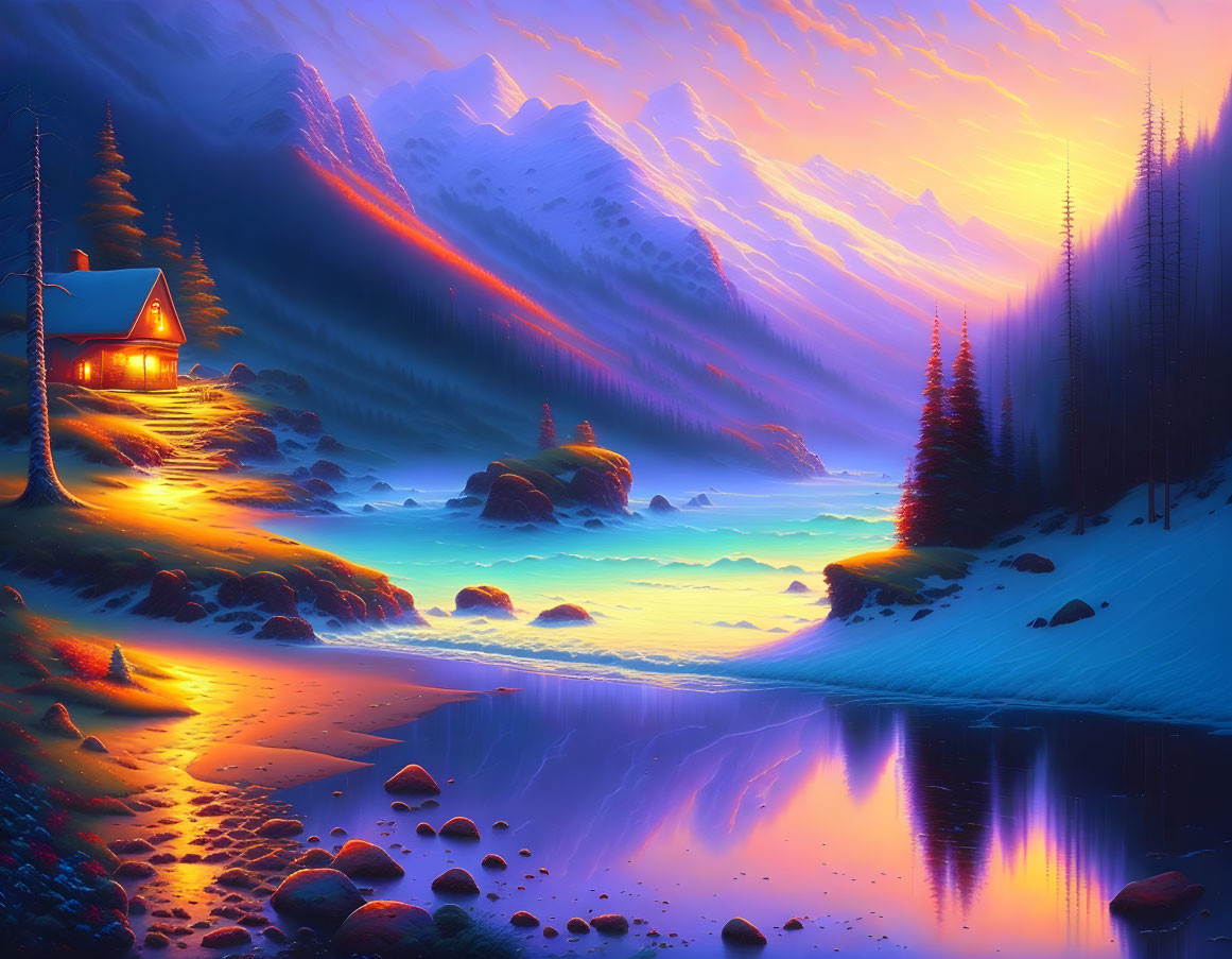 Serene mountain landscape with glowing cabin by calm lake under purple-orange sunset