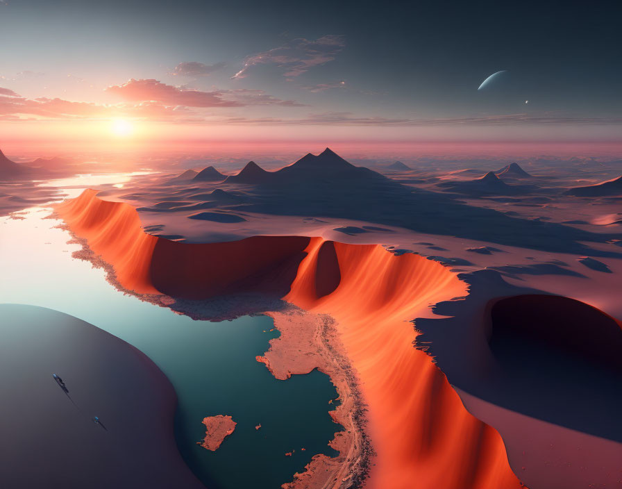 Surreal desert landscape with smooth dunes, tranquil bay, vibrant sunset, and comet in sky