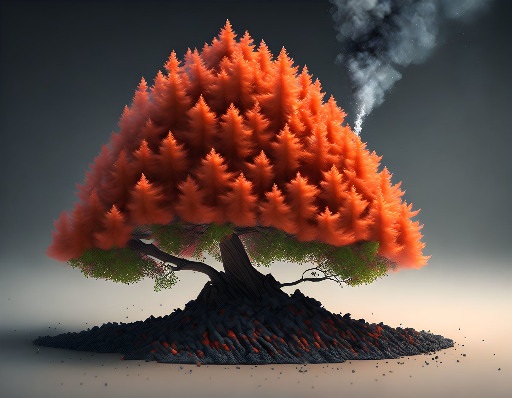 Large tree with vibrant orange foliage on dark ash mound with rising smoke