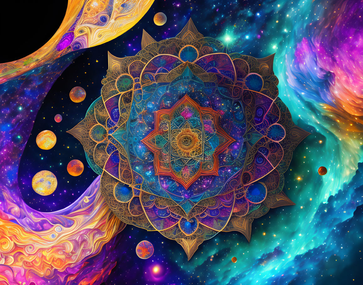 Colorful cosmic mandala amidst vibrant nebula & celestial bodies