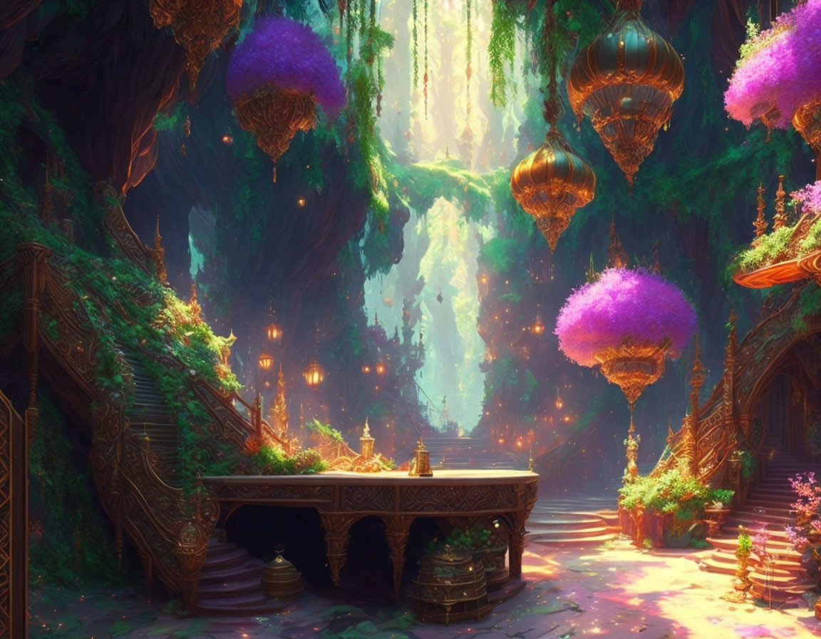 Magical forest clearing with floating lanterns and purple tree crowns