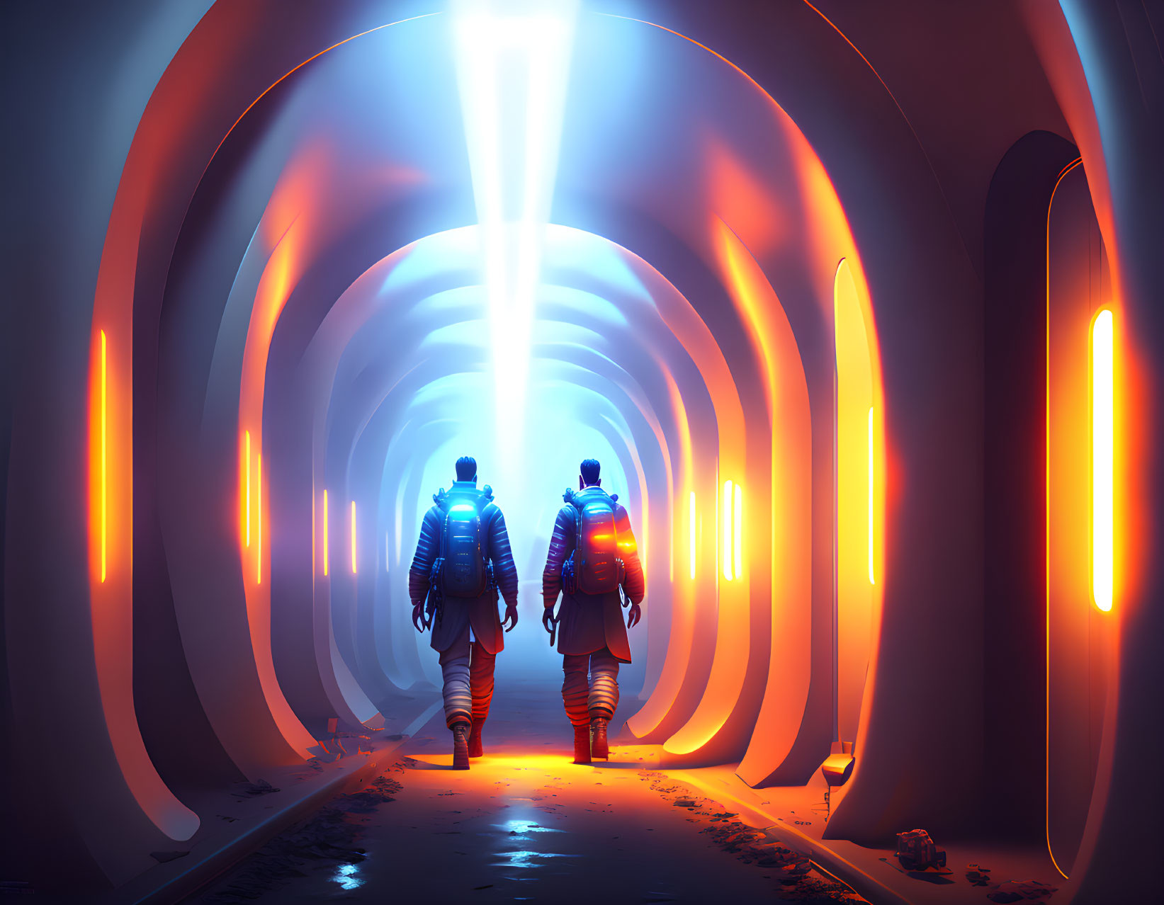 Futuristic tunnel with blue and orange lights explored by astronauts