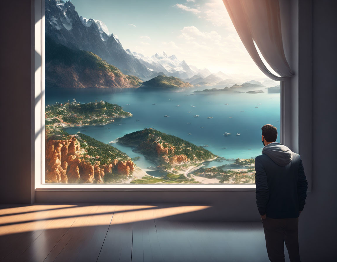 Person admiring mountainous landscape through large window