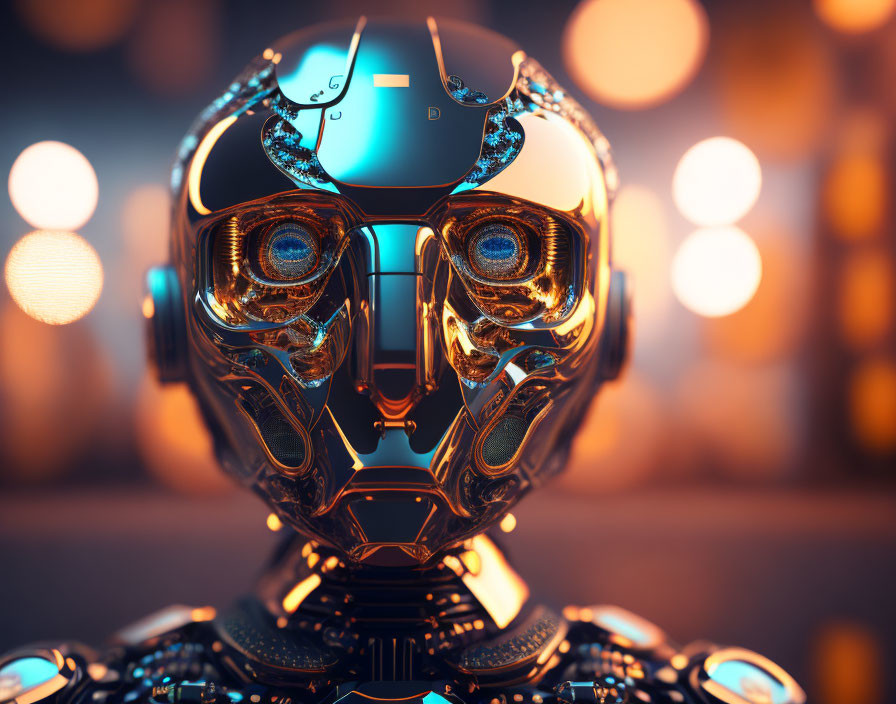 Detailed futuristic robot head with glowing eyes and intricate metal parts on bokeh light background