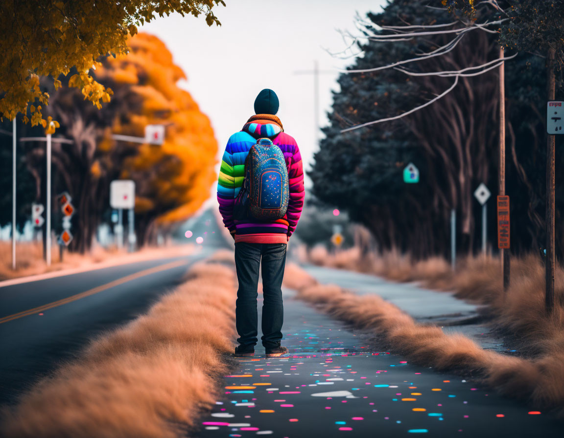 Vibrant jacket person on autumn tree-lined road with confetti