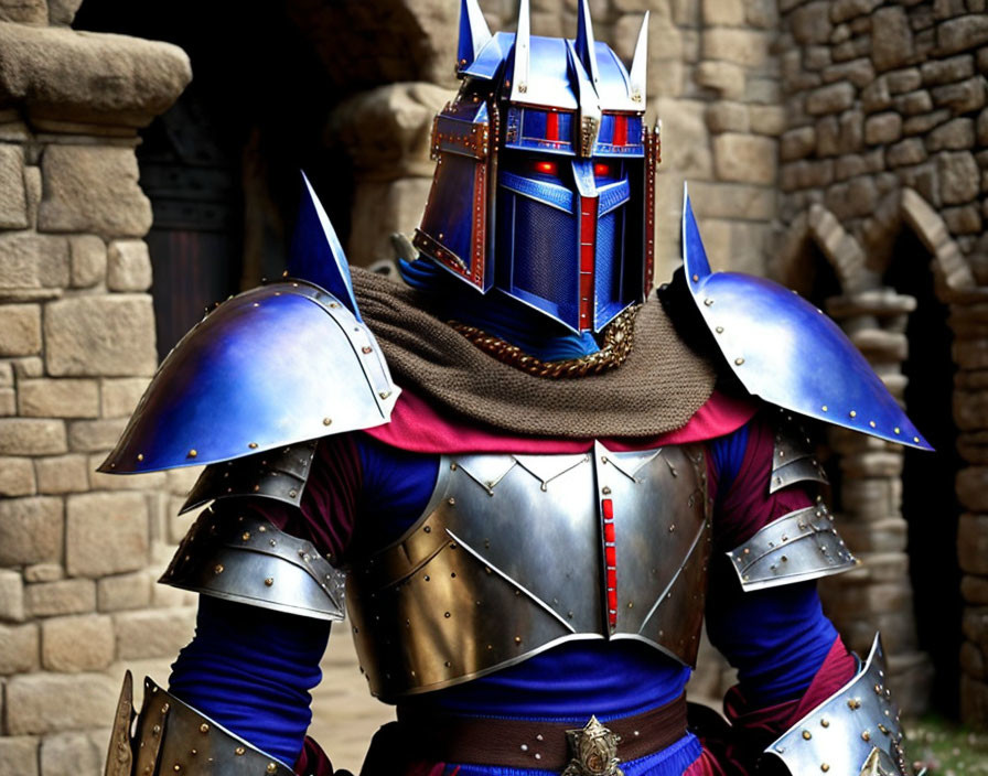 Detailed Knight Armor with Blue and Red Helmet Standing Before Stone Wall