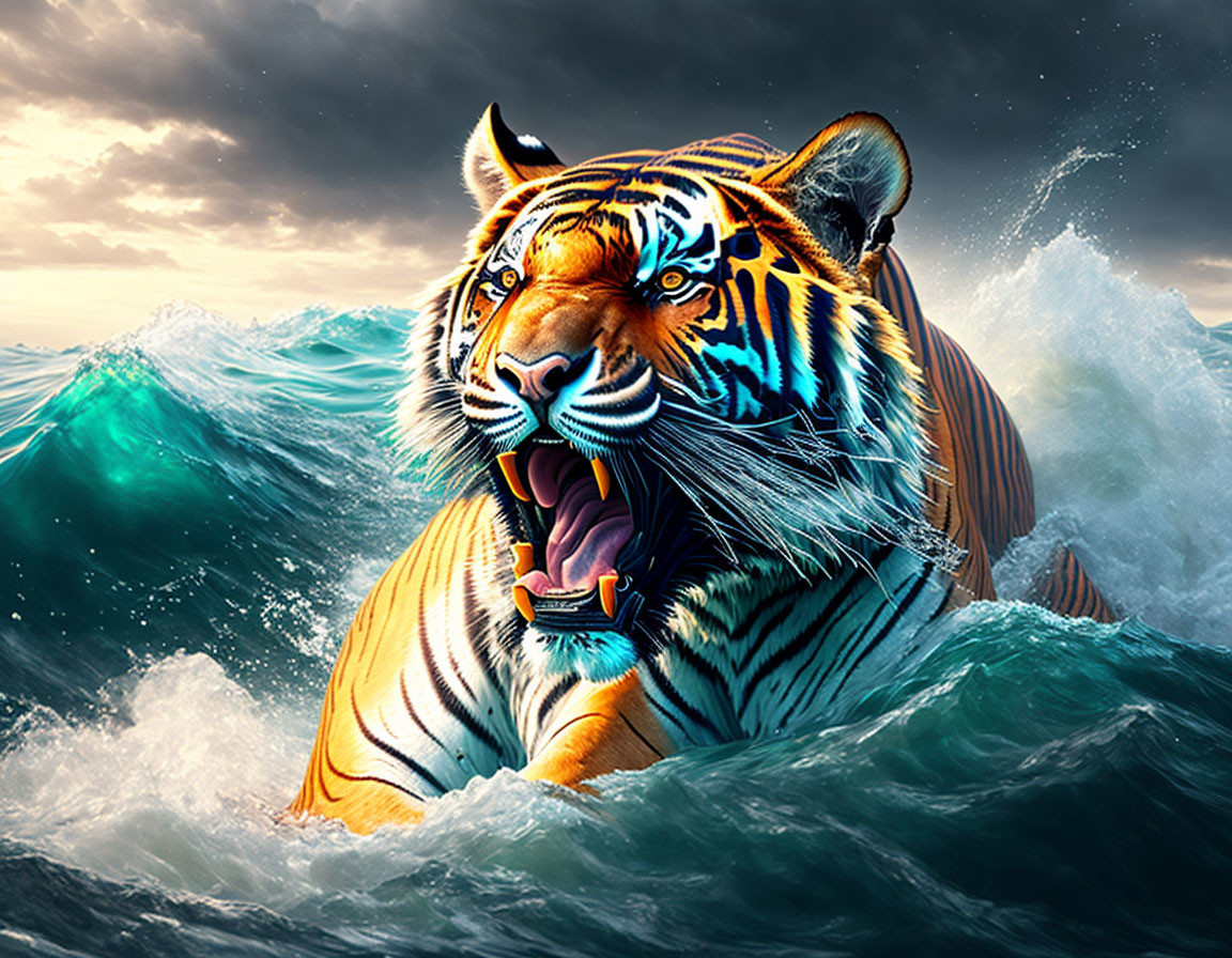 Roaring tiger emerges from ocean waves under dramatic sky