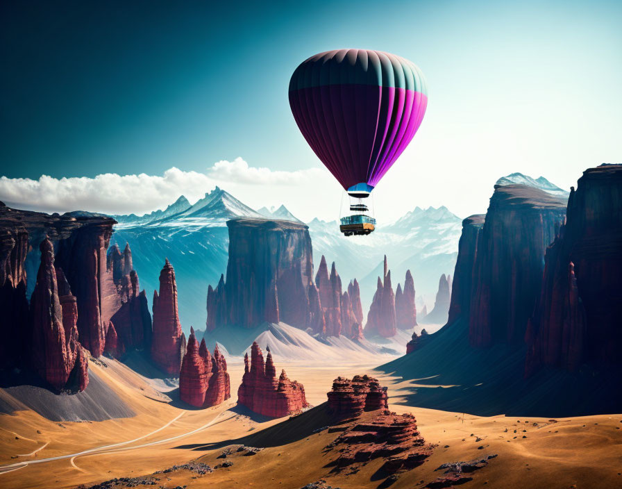 Vibrant hot air balloon over surreal desert with red rock formations