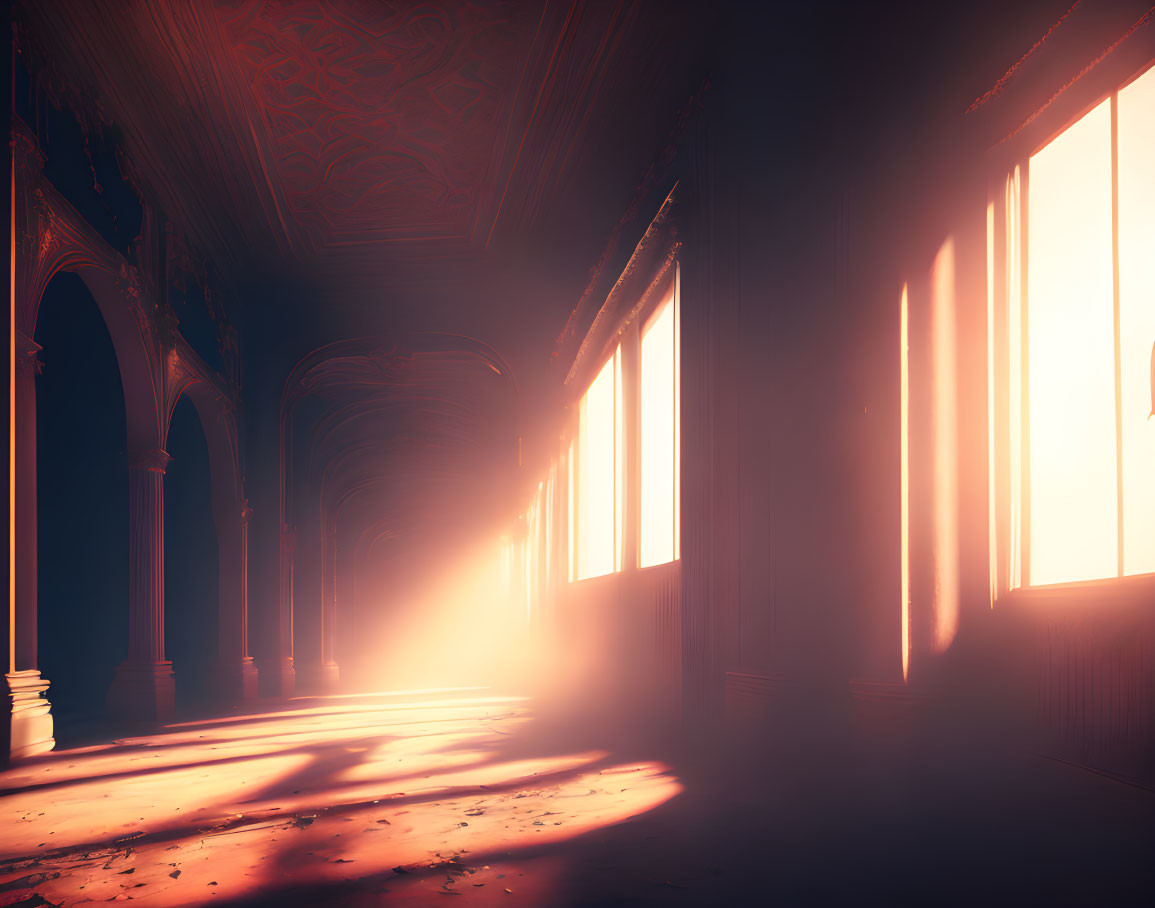 Sunlit corridor with arches and columns in soft glow and long shadows