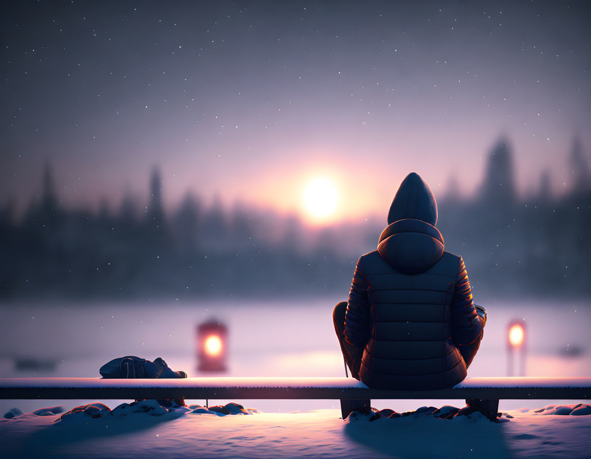 Person in winter jacket on bench admiring snowy sunrise or sunset with glowing lanterns