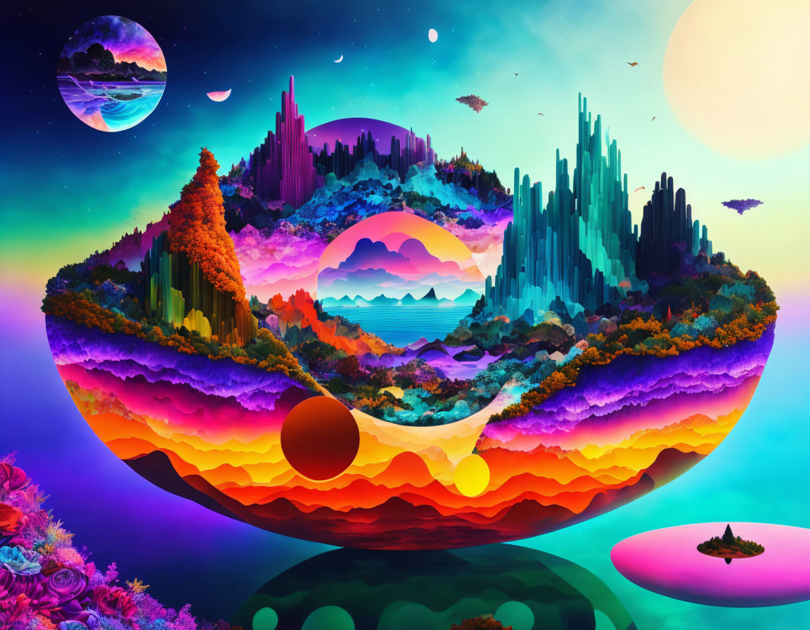 Colorful Floating Island with Futuristic Landscape & Celestial Sky