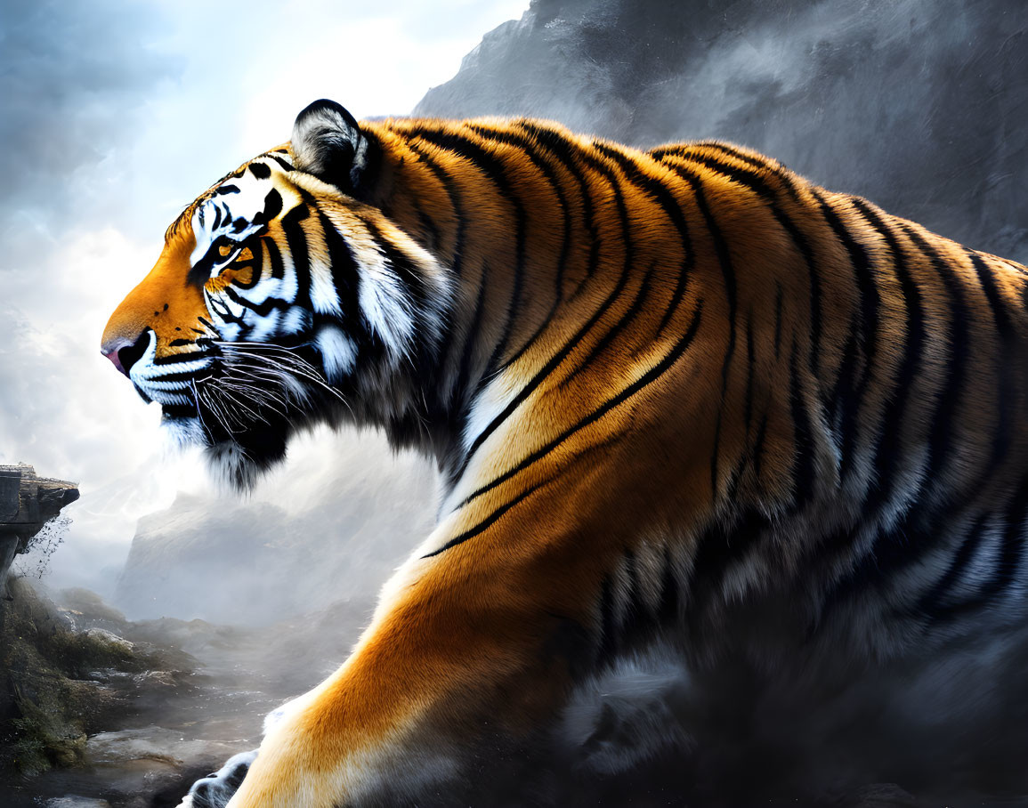 Majestic tiger with orange and black stripes against misty mountains