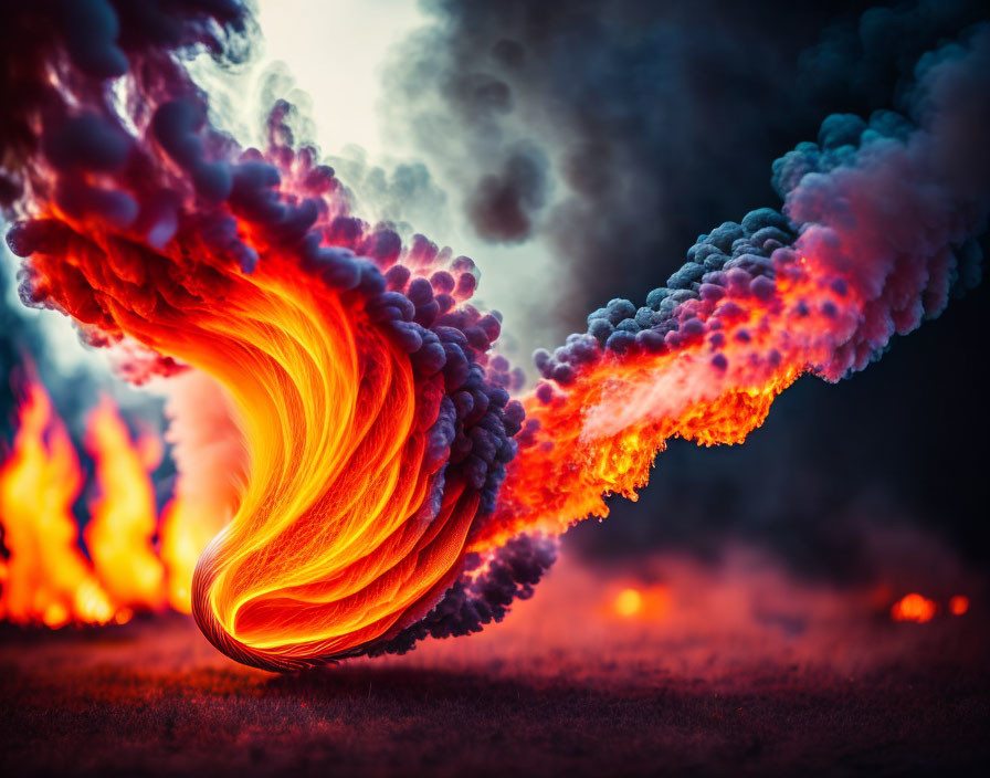 Fiery wave of smoke and fire in vibrant hues on dark backdrop