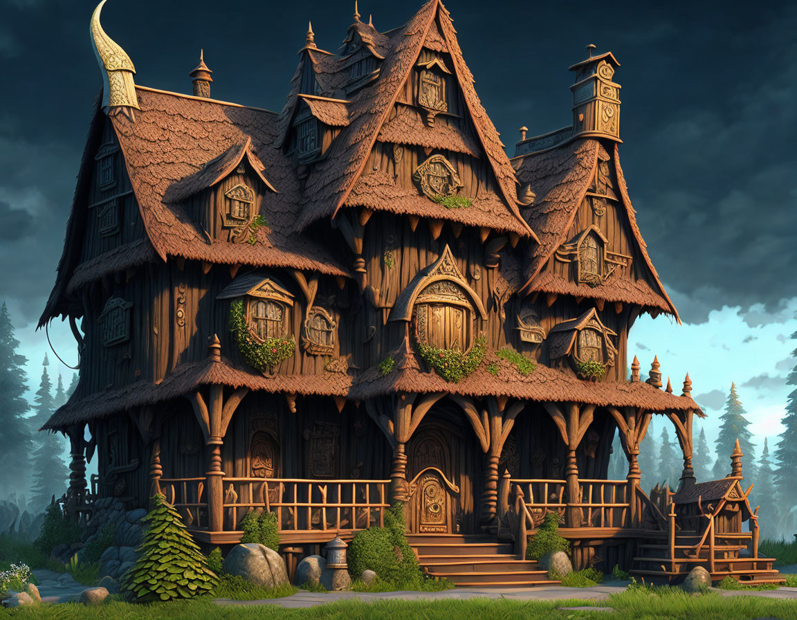 Fantasy wooden house with clock tower in twilight forest