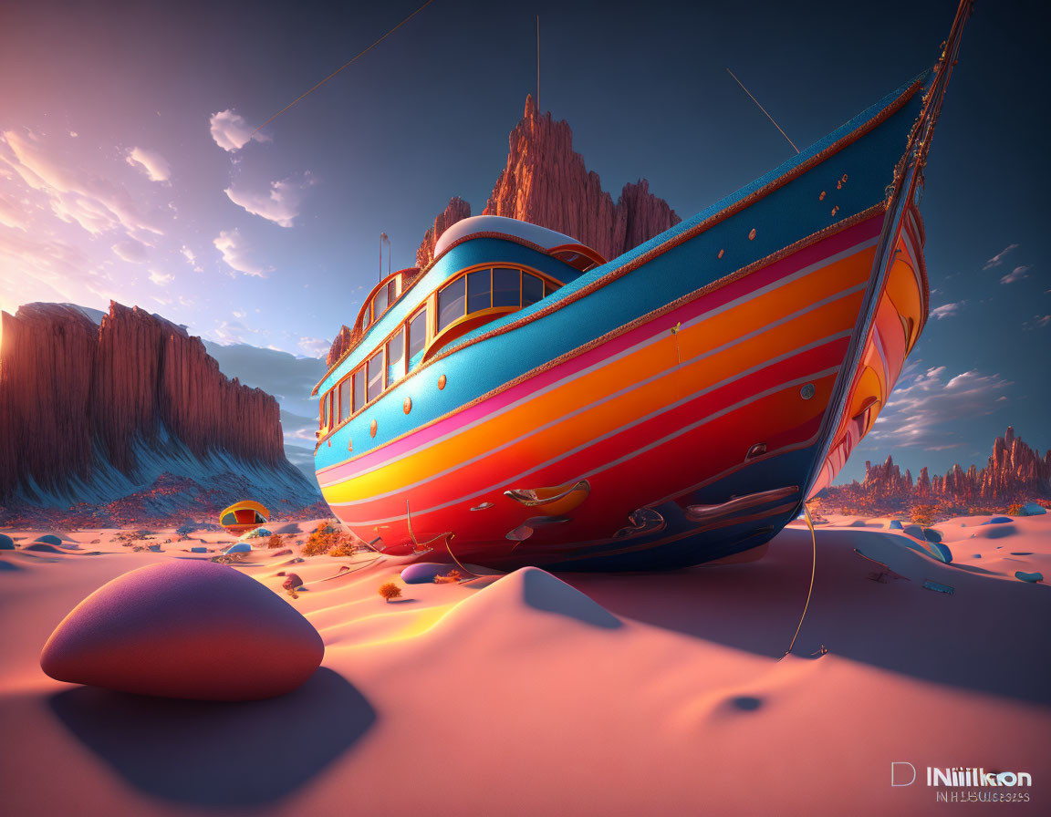 Abandoned boat in desert with surreal lighting and shooting stars