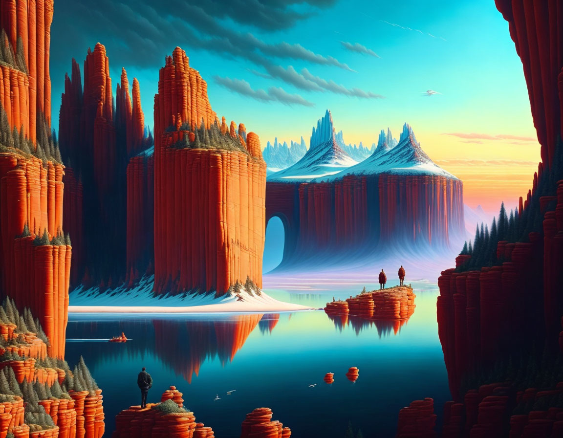 Vibrant digital landscape with cliffs, lake, figures at sunset