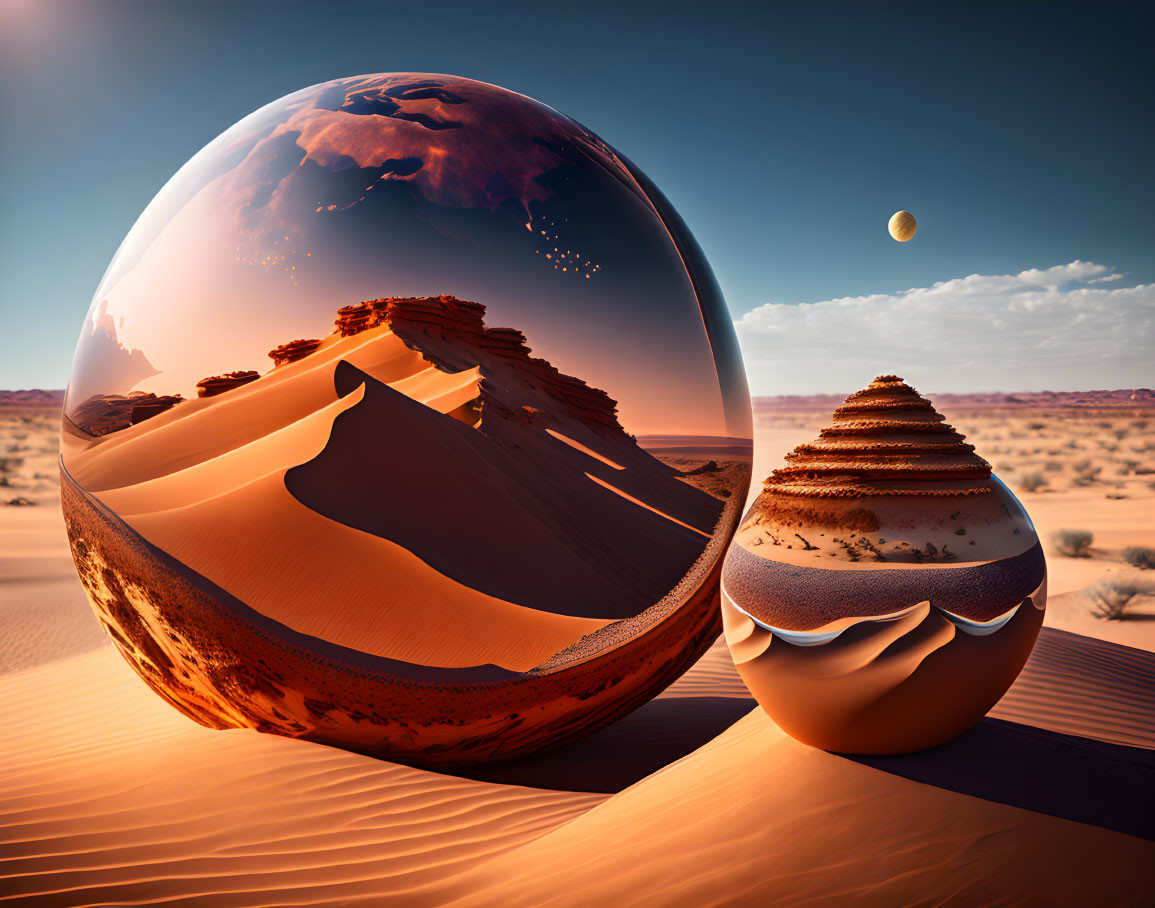 Surreal desert landscape with reflective spheres and layered object under hazy sky