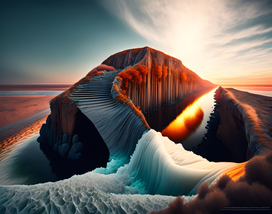 Scenic desert landscape with rock formations and sand dunes at sunset