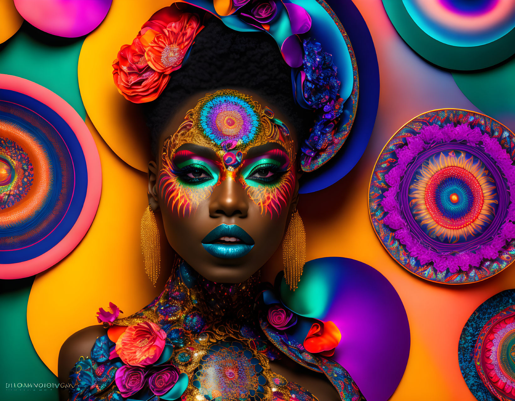 Colorful makeup portrait with vibrant adornments and patterned circles