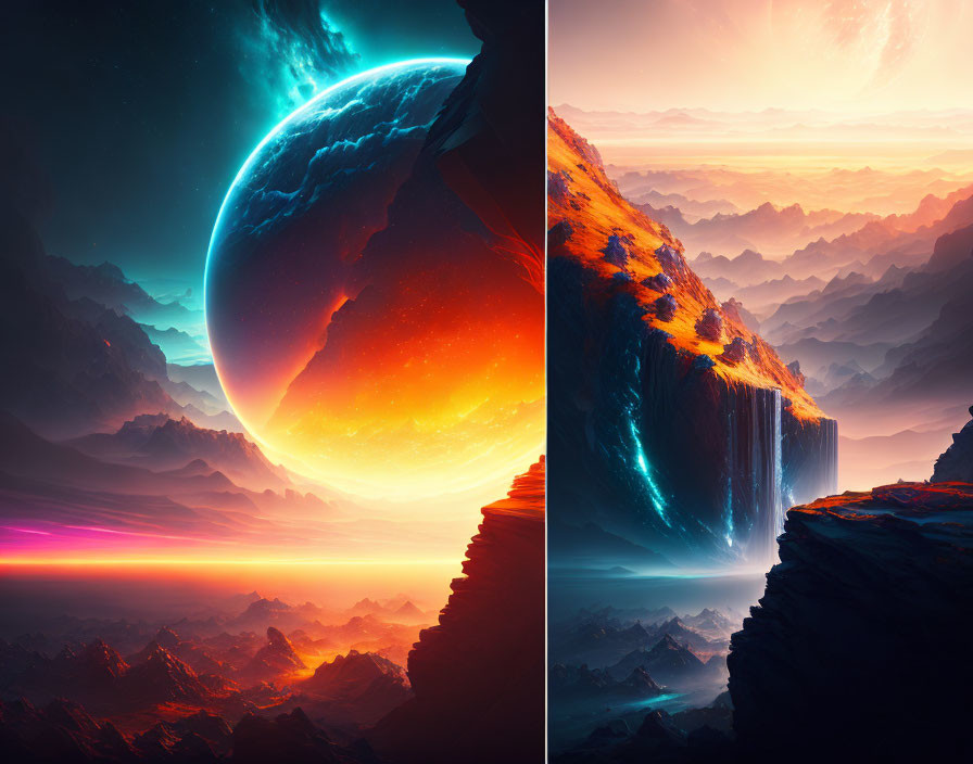 Split digital artwork: Neon-lit futuristic landscape & serene alien waterfall under celestial bodies