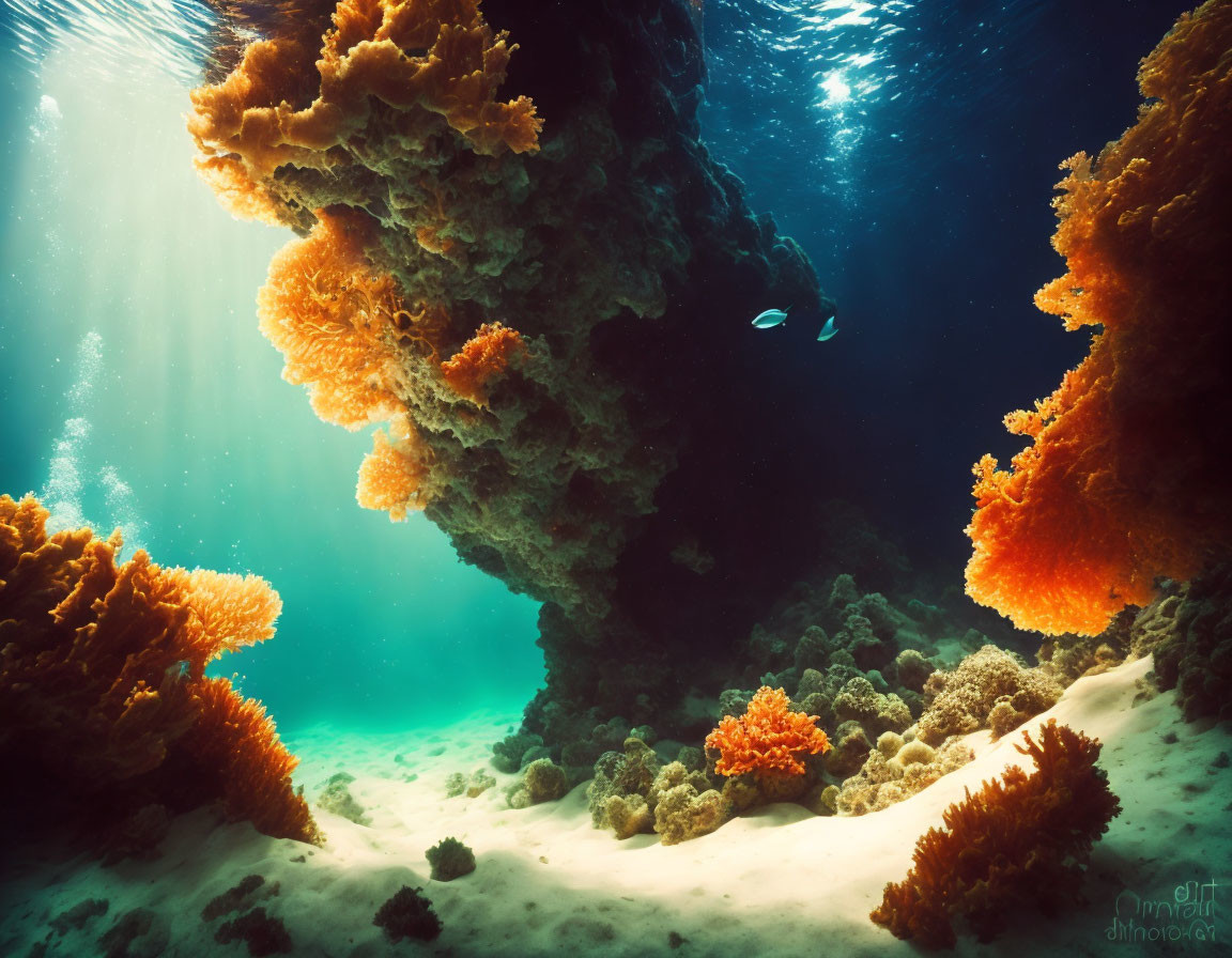 Sunlit underwater coral reef with fish in clear blue water