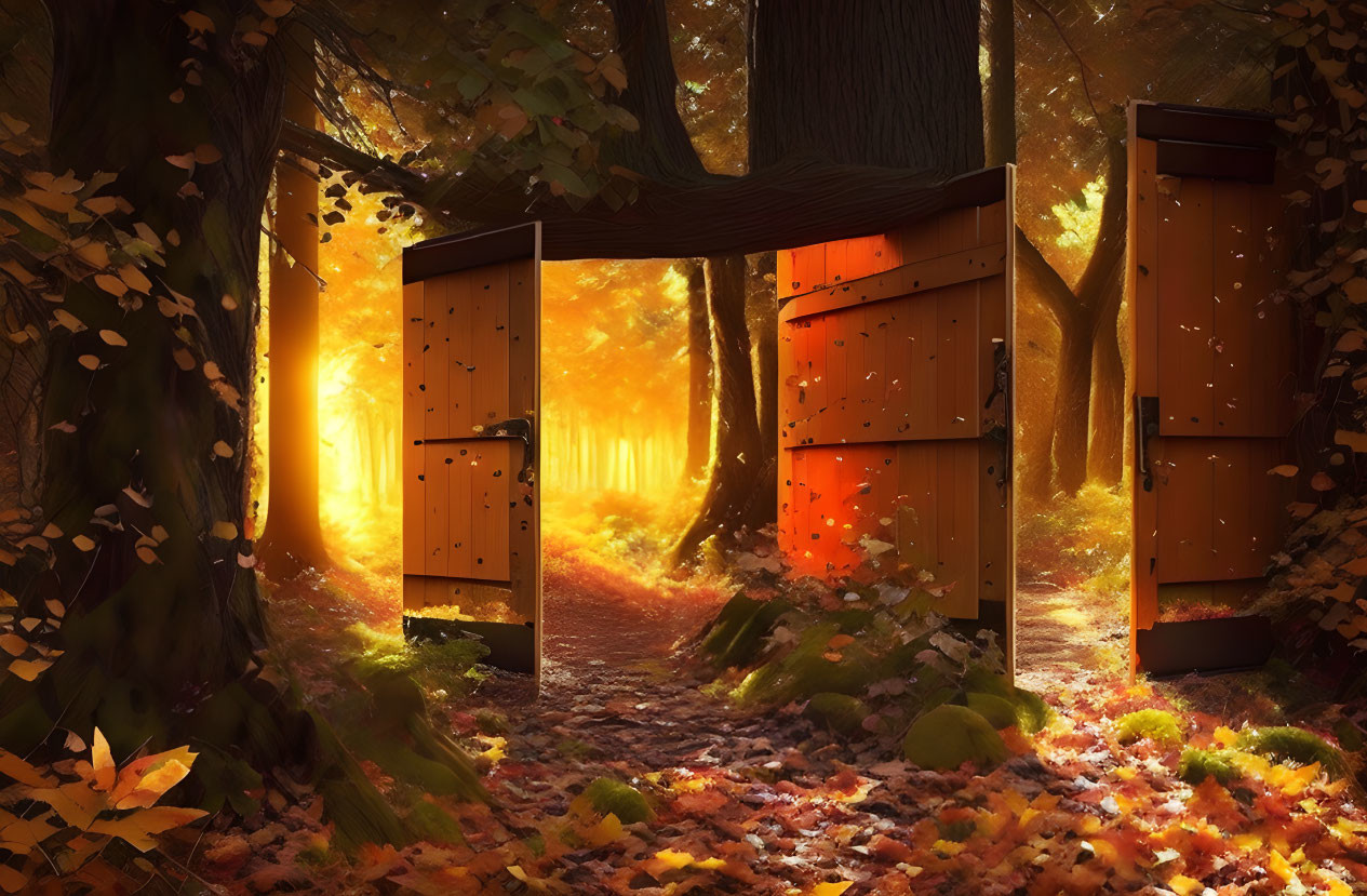 Sunlit autumn forest scene with open wooden doors and falling leaves