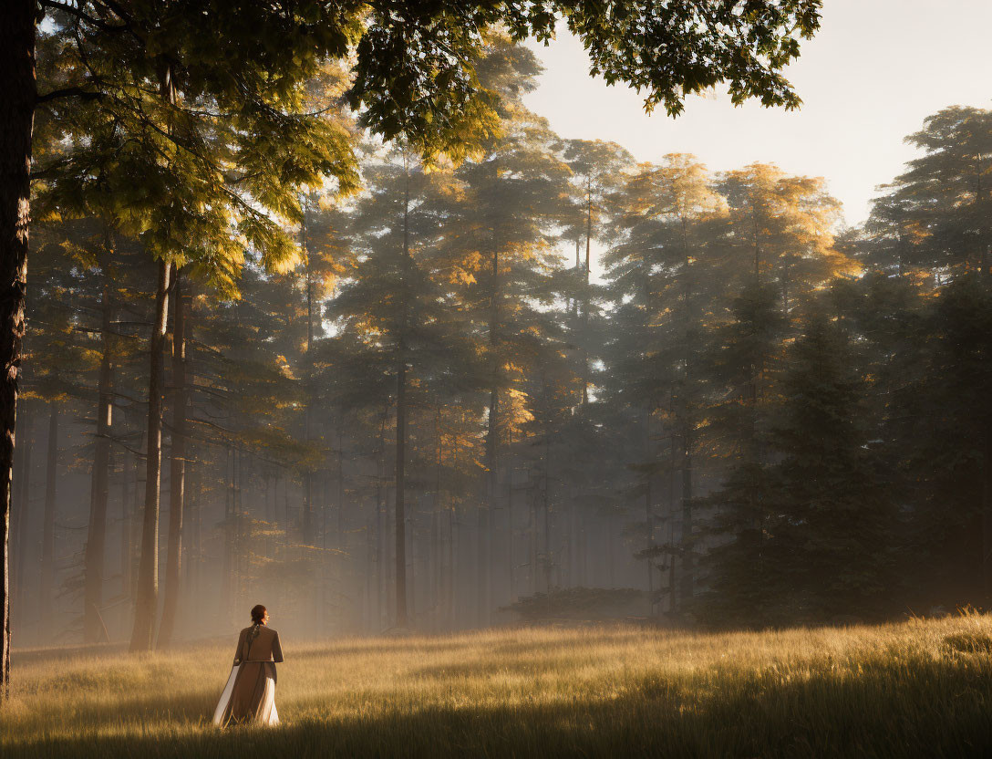 Sunlit forest clearing with person gazing at misty trees