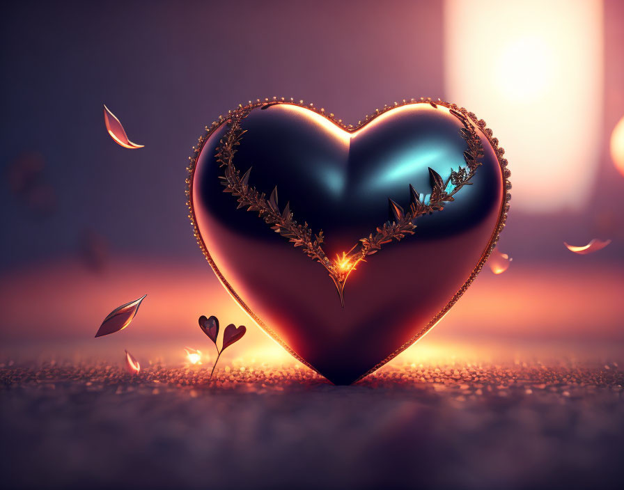 Stylized ornate heart with glossy surface, surrounded by falling leaves and smaller hearts