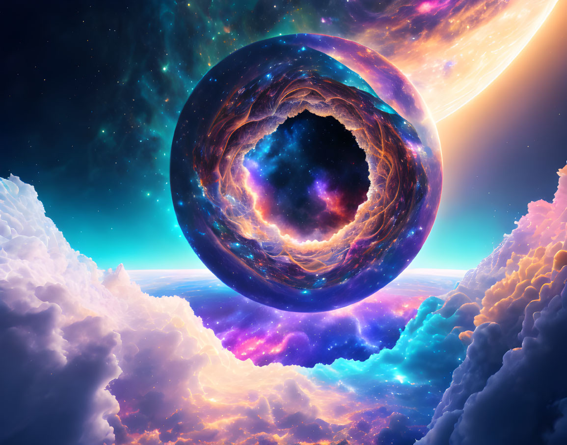 Vibrant cosmic scene with wormhole, celestial bodies, nebulous clouds, and bright star