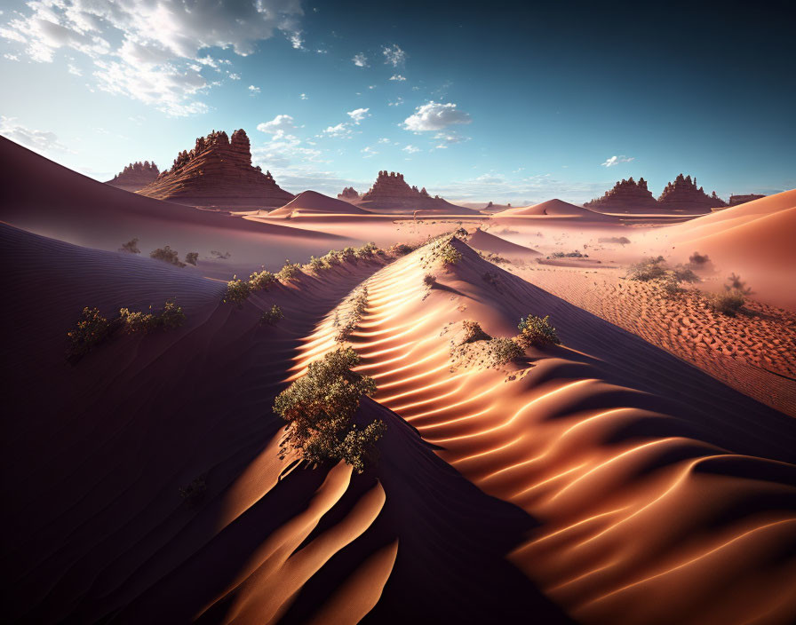 Desert landscape with sand dunes, clear sky, and sparse vegetation.