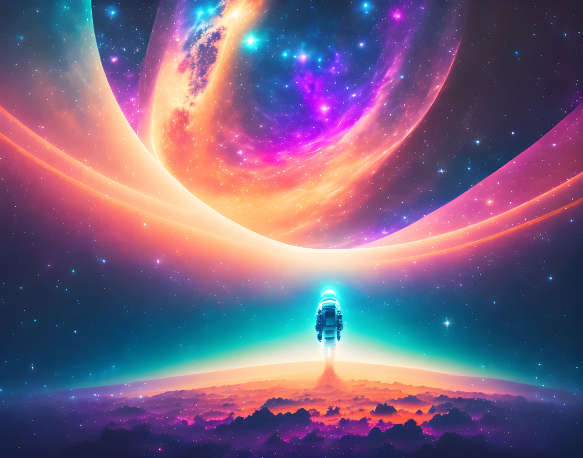 Colorful digital artwork: spaceship in cosmic scene