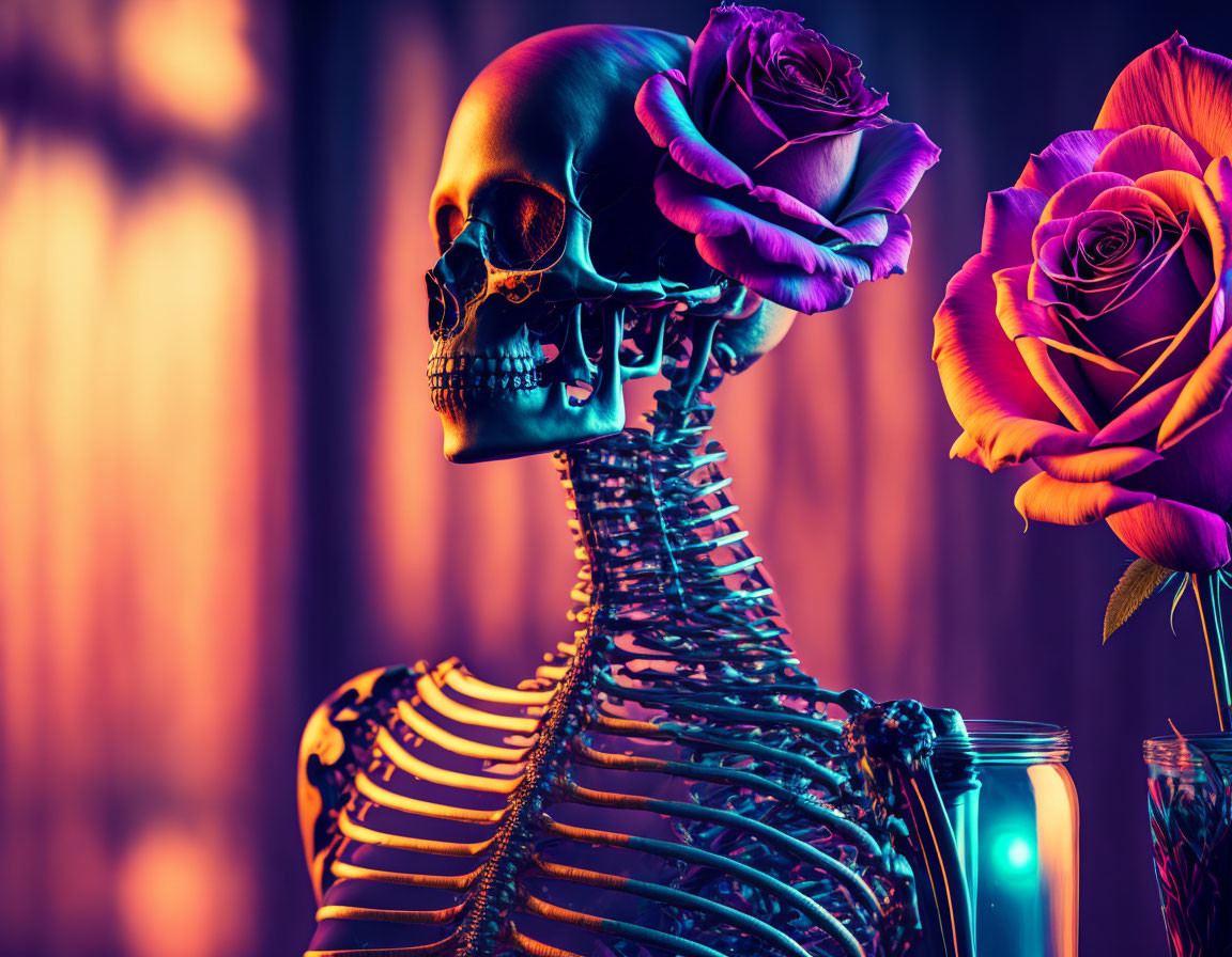 Stylized human skeleton with rose in mouth on vibrant backdrop