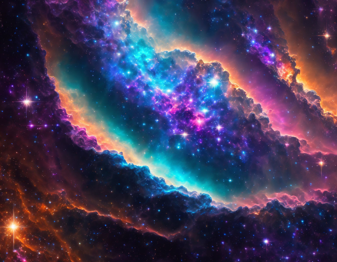 Colorful cosmic scene: radiant gas clouds, stars, pink, blue, purple hues.