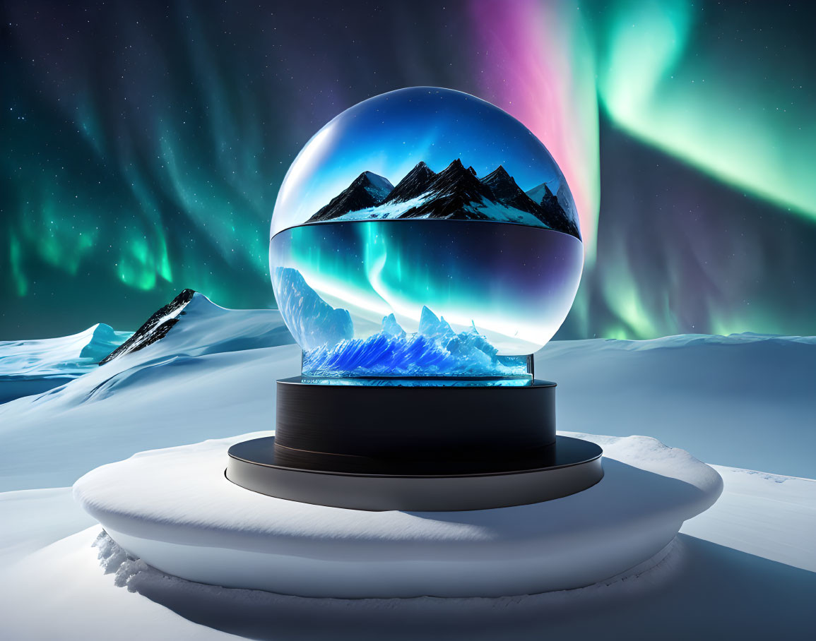 Snow globe with mountain scenery on pedestal in snowy landscape with aurora borealis