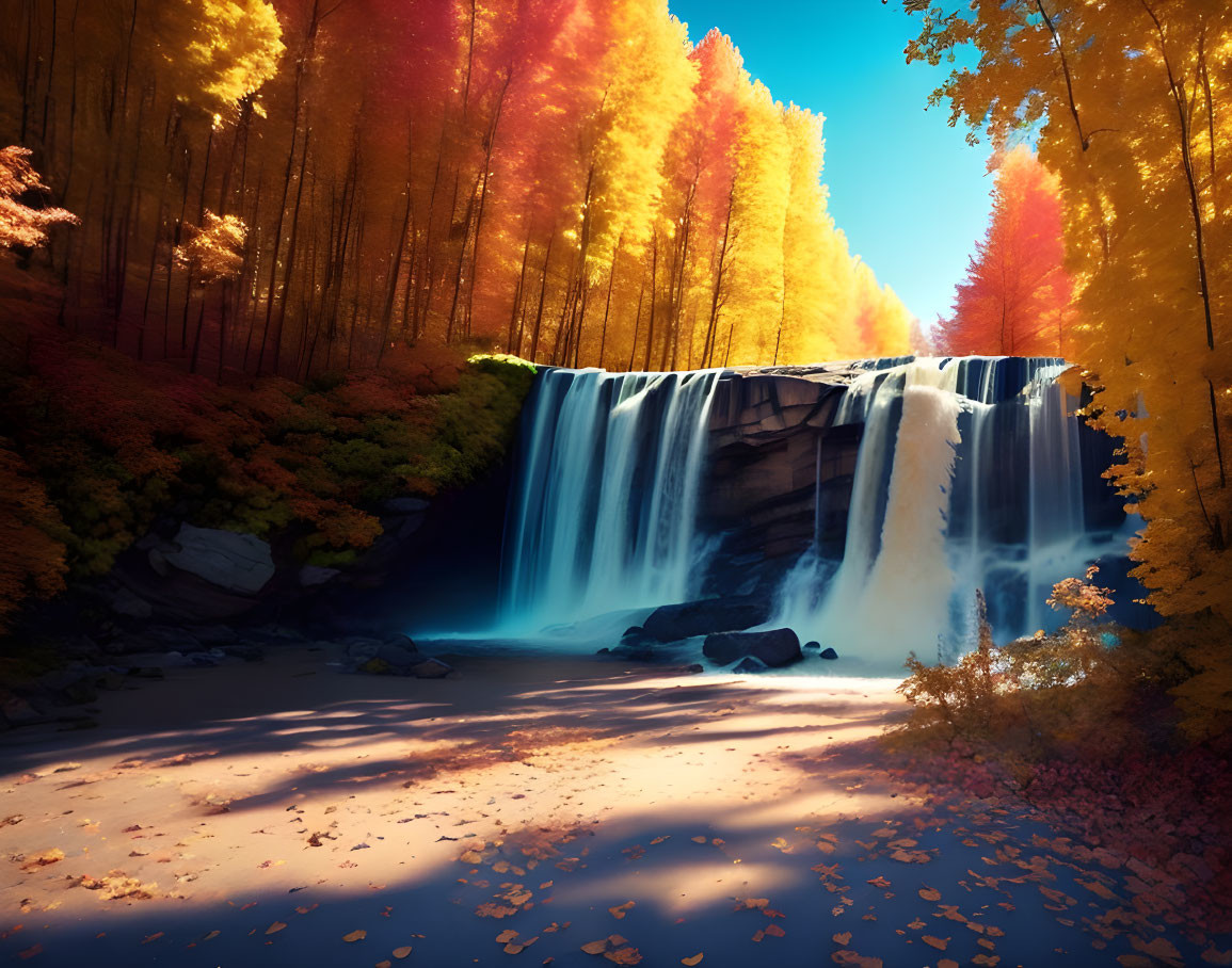 Tranquil waterfall in autumn forest scene