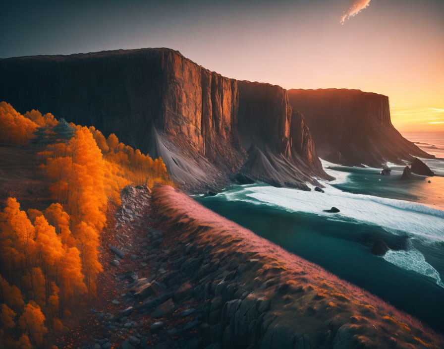 Tranquil coastal landscape at sunset with cliffs, forest, and sea