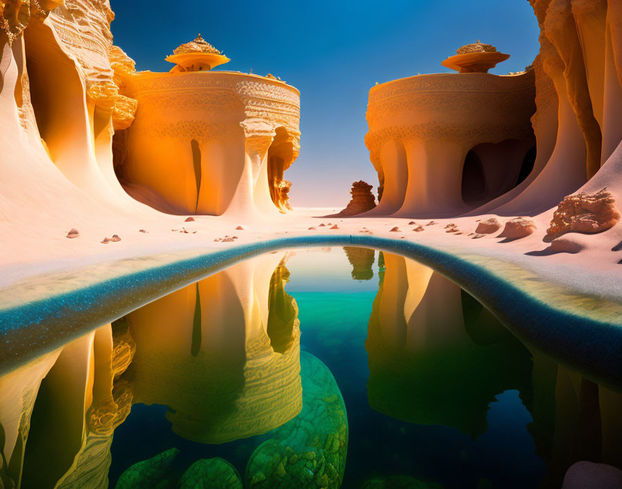 Tranquil Desert Oasis with Sandstone Formations and Blue Water