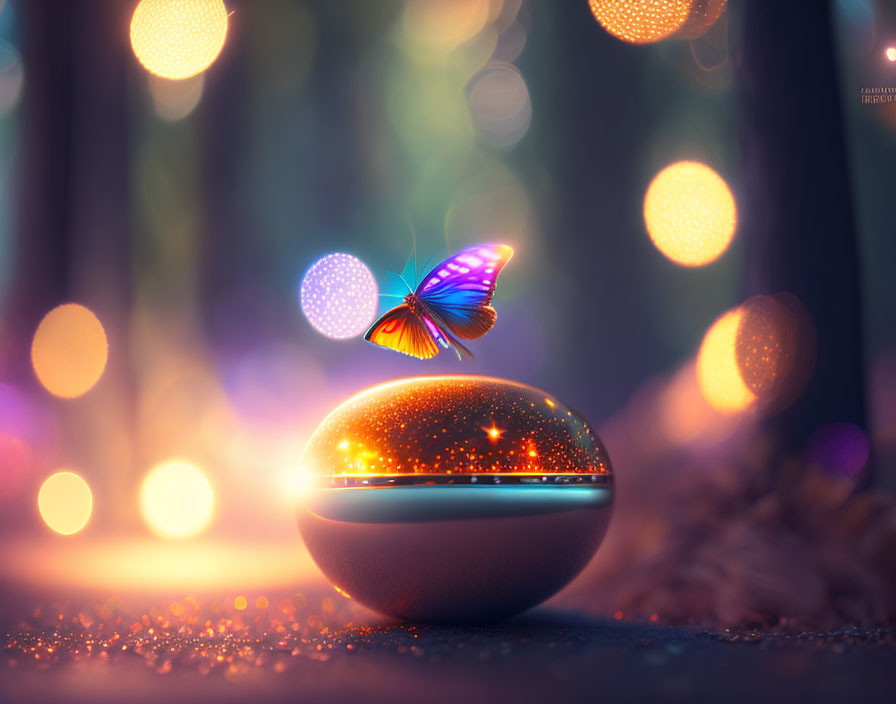 Colorful butterfly on glowing sphere in soft lights and fallen leaves