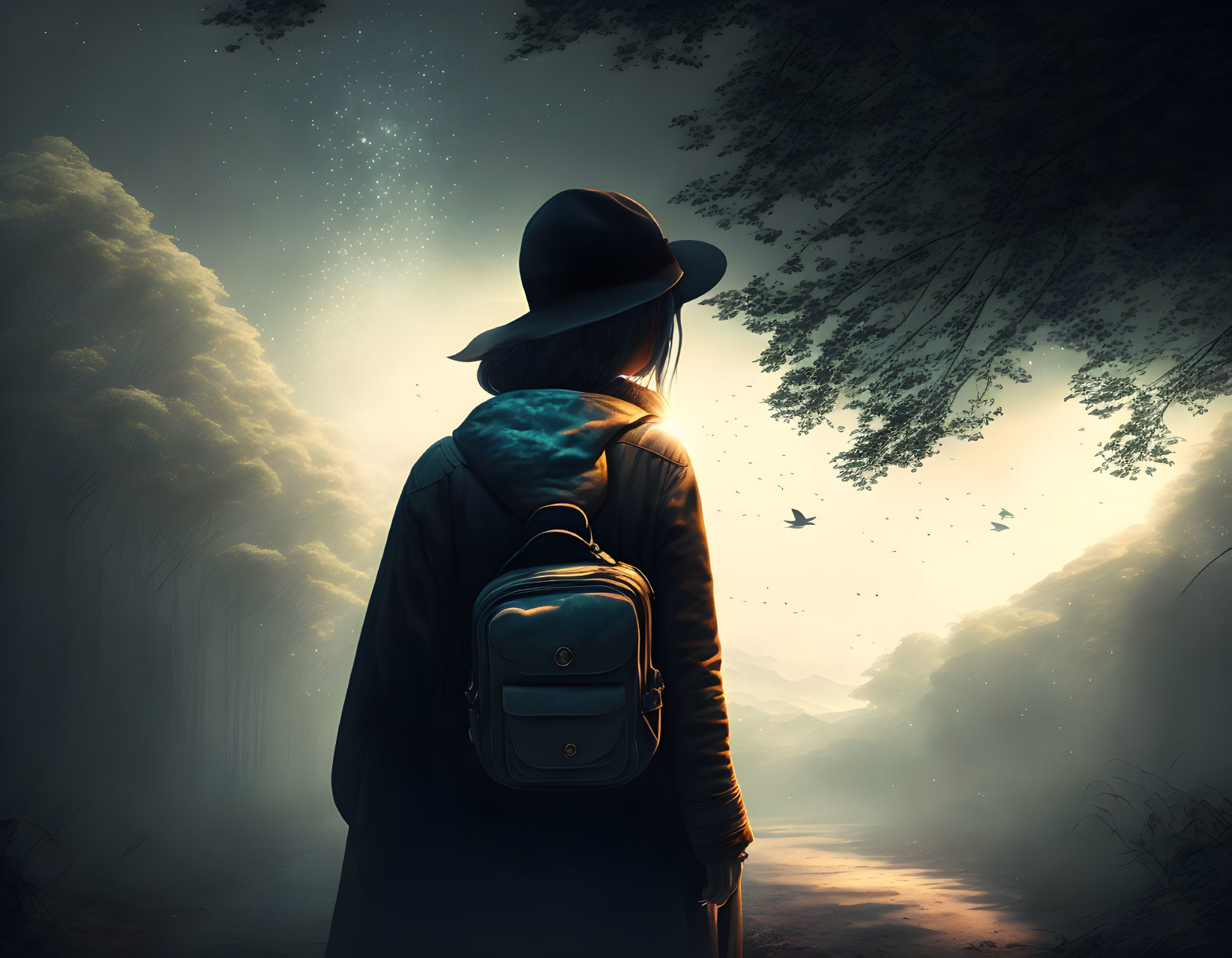 Silhouette of person with hat and backpack on misty mountain path