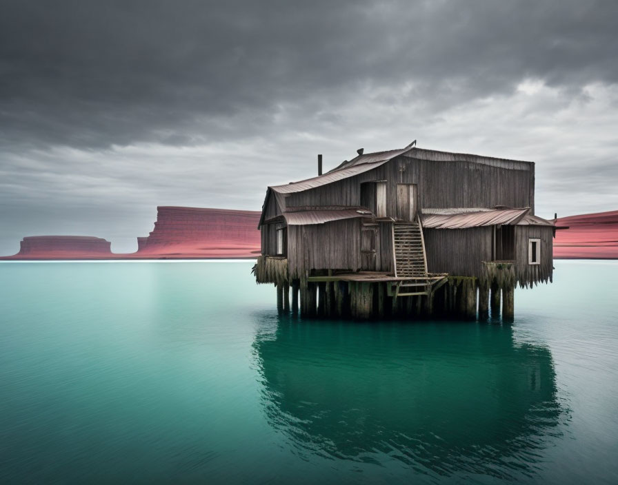 Weathered wooden house on stilts in turquoise water with red cliffs under cloudy sky