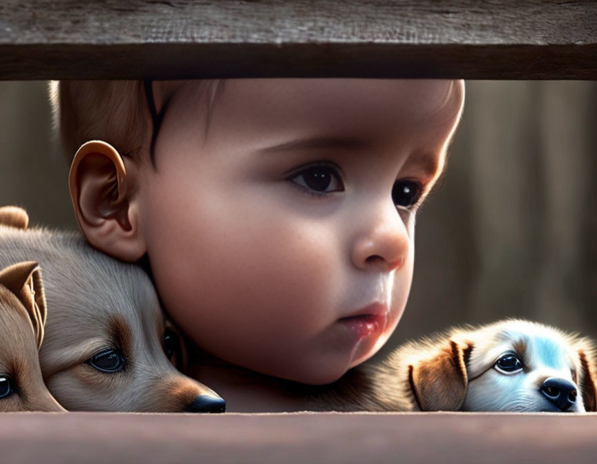 Toddler and two puppies peeking through wooden fence