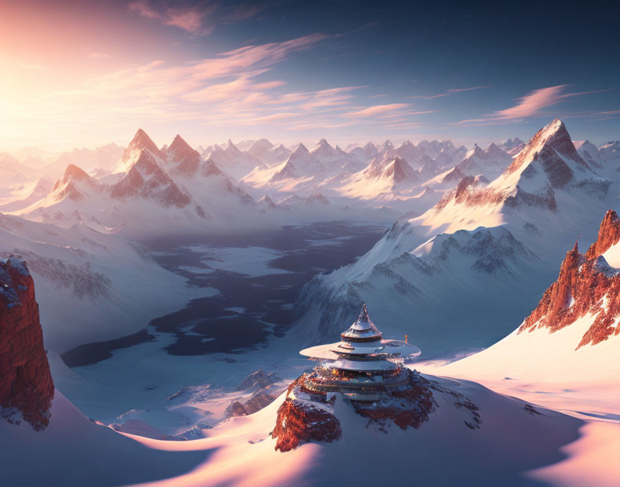 Futuristic mountain sanctuary in snowy peaks at sunrise or sunset